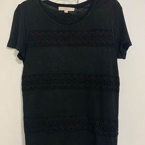 LOFT Short Sleeve Black T-Shirt with Lace detail Size Medium